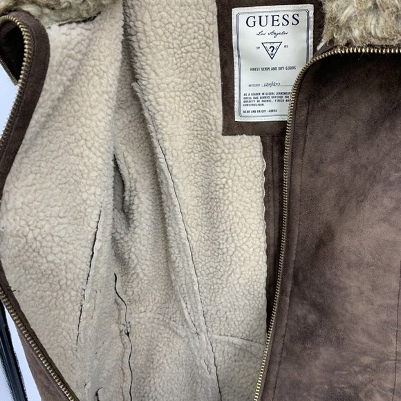 GUESS Faux Suede Shearling Coat Dark Brown Full Zip Faux Fur Collar Womens Large - Picture 3 of 4